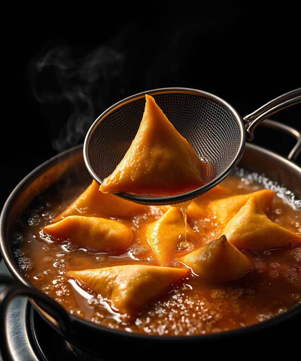 Samosas frying in a kadhai of bubbling oil