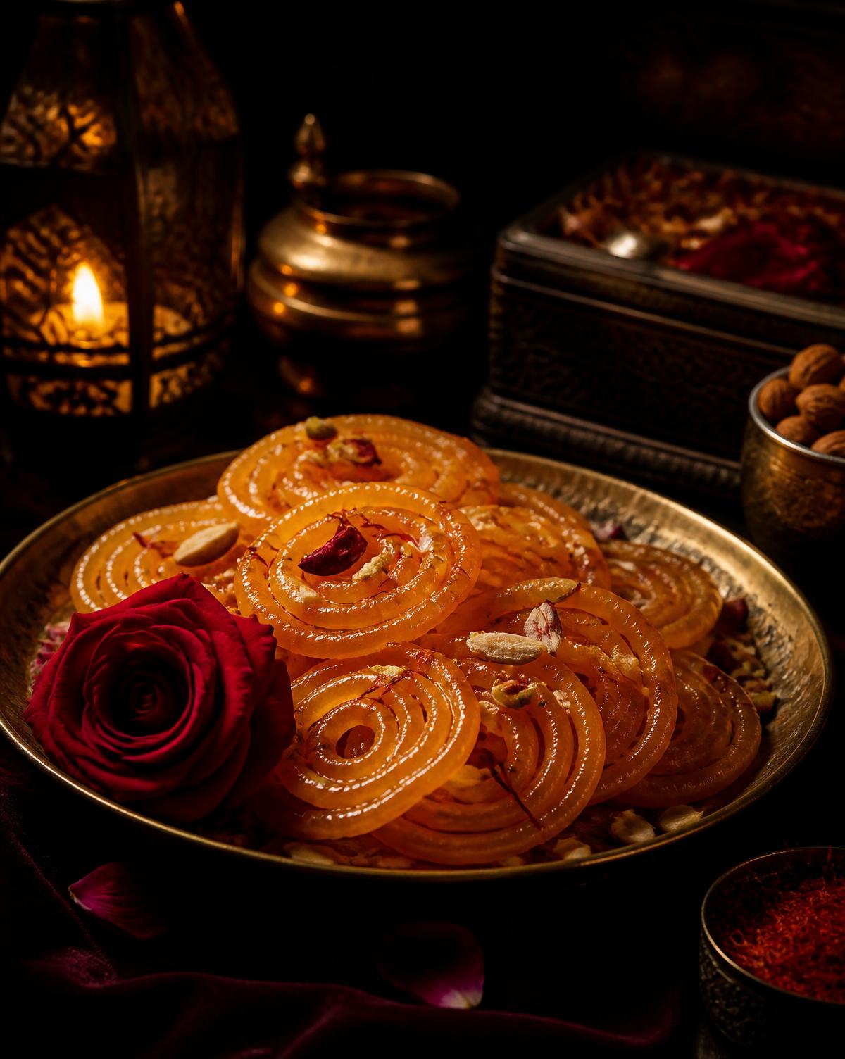 Brass plate of jalebi with a red rose and saffron