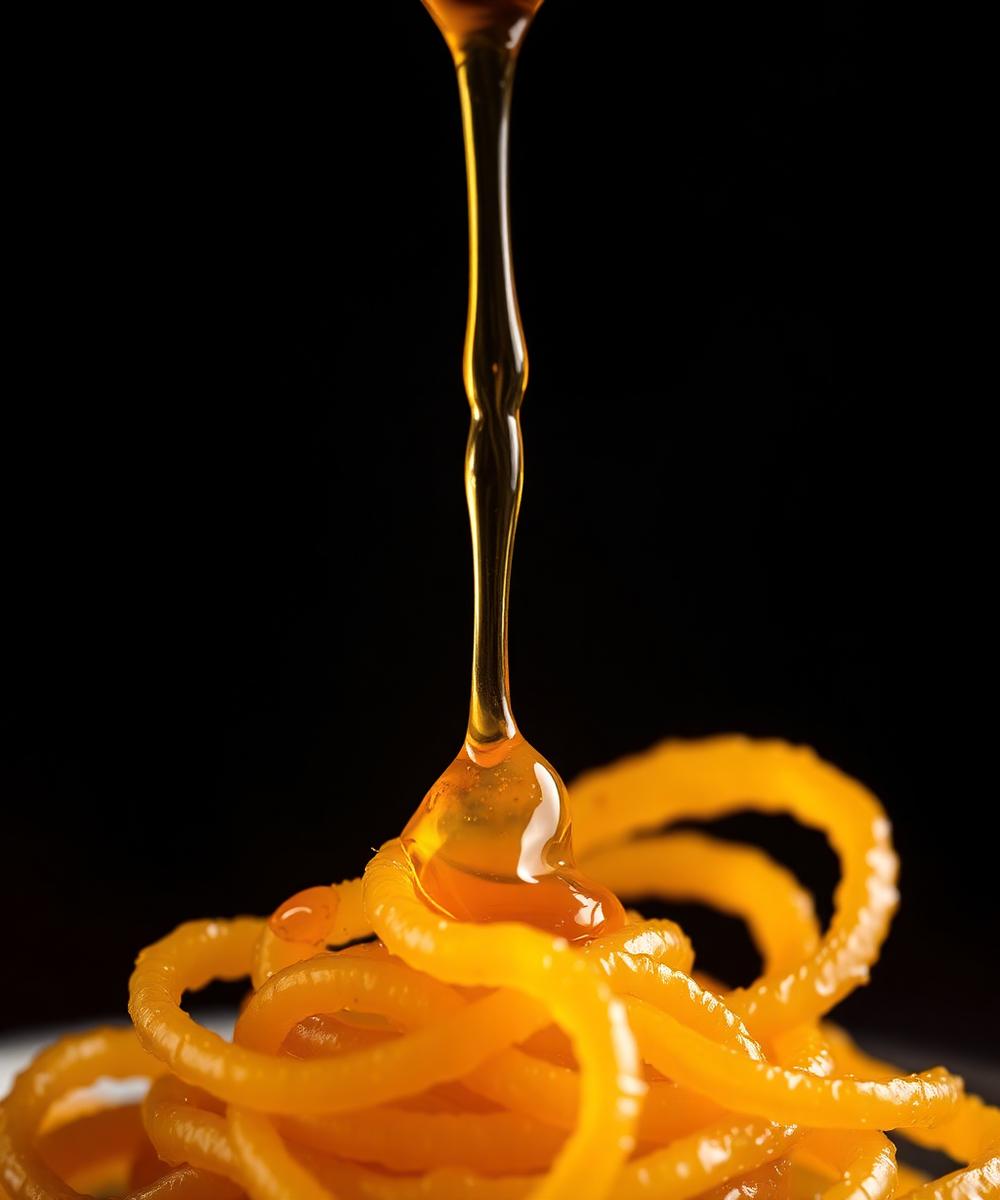 Golden saffron syrup drizzled over jalebi